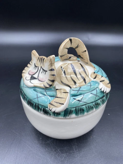Handmade Ceramic Tabby Cat Lidded Trinket Box Signed Barwick Artist Pottery