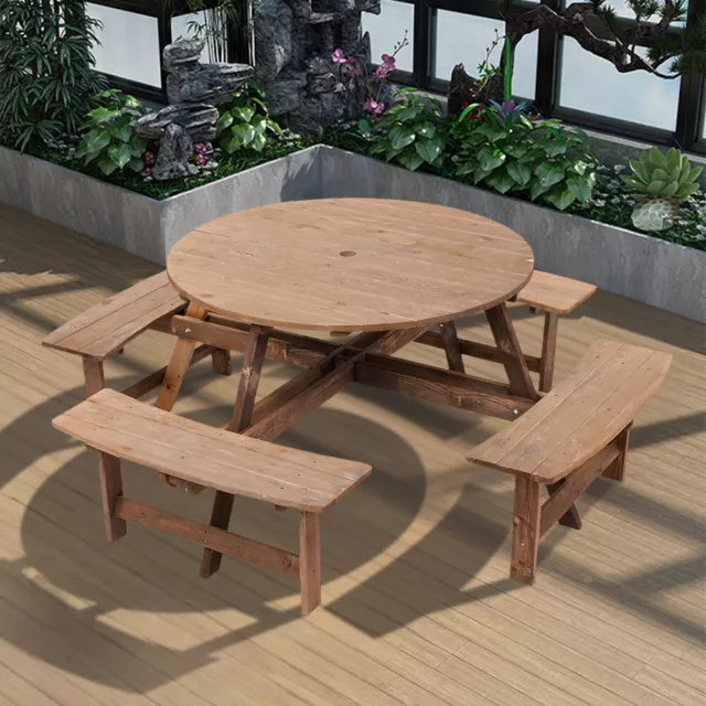 6/8 Seater Garden Picnic Benches Wooden Round/Square Table Patio Pub Outdoor Set