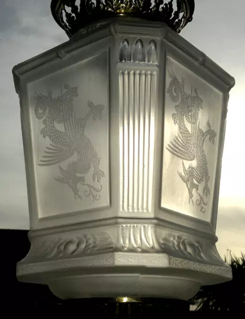 Antique Baccarat White Acid Etched Glass Dragon Ceiling Light Lantern c1900