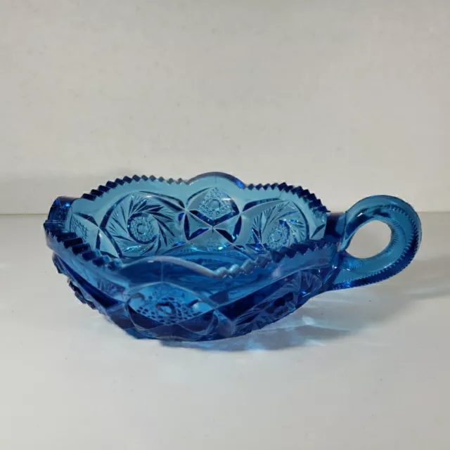 Mckee Pres Cut Nappy Bowl Handle Dish Aztec Pattern Blue Glass Vintage Kemple