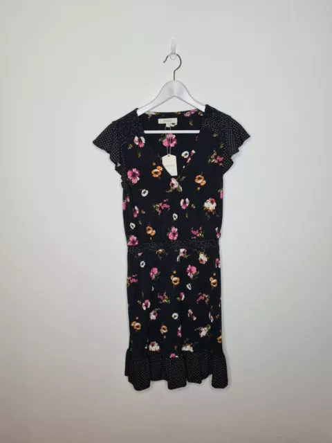 Oasis BNWT Black Shirred Waist Floral Skater Dress Size Small 10 12