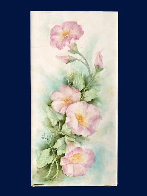 Vintage Signed Hand Painted Ceramic Tile Hollyhocks Art Nouveau Style Flowers