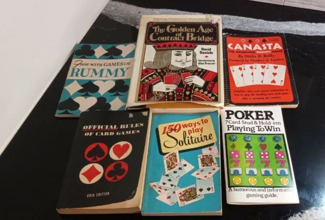 Lot of 6 Vintage Card Game Books. Bridge, solitaire, poker, canasta, rummy.