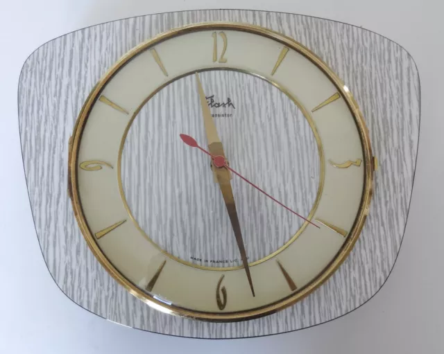 Pendule horloge formica vintage - FLASH - Blanc gris - Années 60 70
