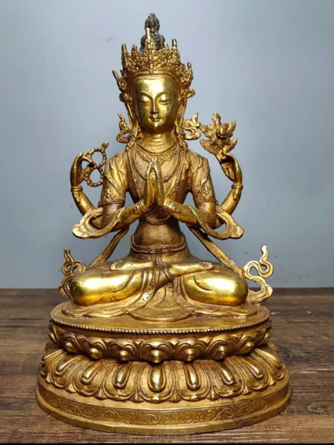 Old Tibet Antique Bronze gilt 4 Arms Chenrezig Kwan-yin Guanyin Buddha Statues