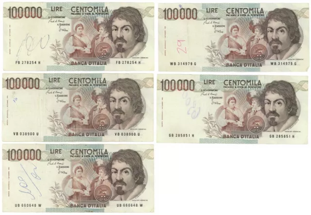 100000 LIRE LOT 5 BANK NOTES ITALY CARAVAGGIO I TYPE LETTER B 1985 qBB