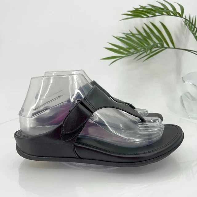 Fitflop Women Vera Sandal Size 8 Black Leather Thong Slide Flip Flop Adjustable 3