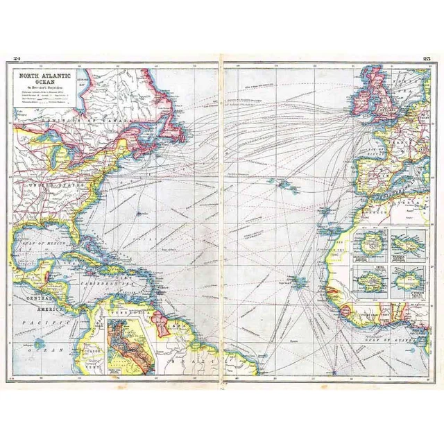 Antique Map 1920 - North Atlantic Ocean Distances Between Ports-Harmsworth Atlas