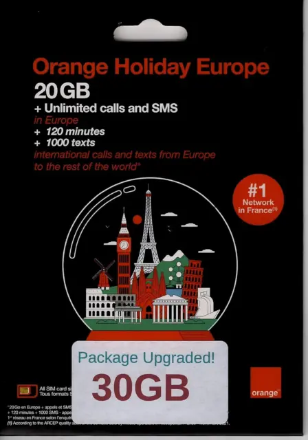 30GB 14 Day Orange Europe SIM Card, 120 Minutes Calls+1000 Texts to Worldwide. F