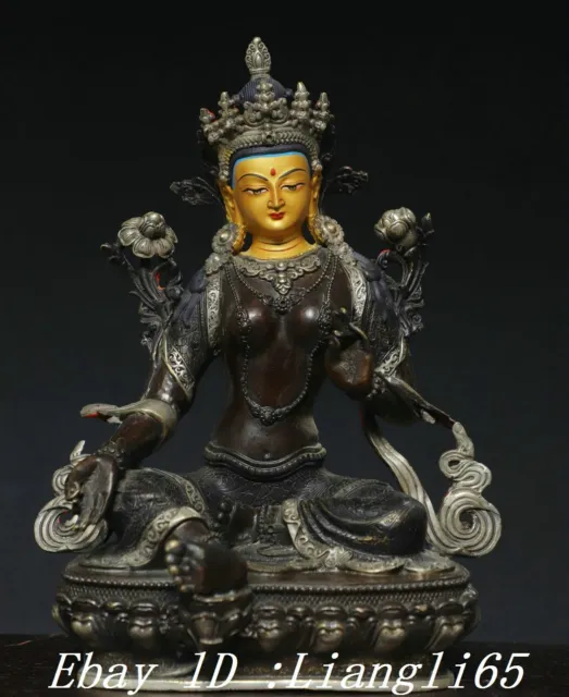Tibet Reine Bronze Silber Malerei Grüne Tara Mahayana Buddhismus Göttin Statue