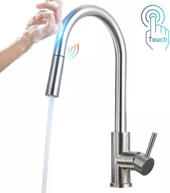 Brushed Nickel Touch Sensor Kitchen Sink Mixer Tap 360° Pull Out Sprayer Faucet