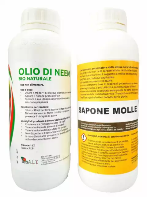 Olio di Neem e Sapone Molle di Potassio Repellente Naturale Residuo Zero 1L+1L