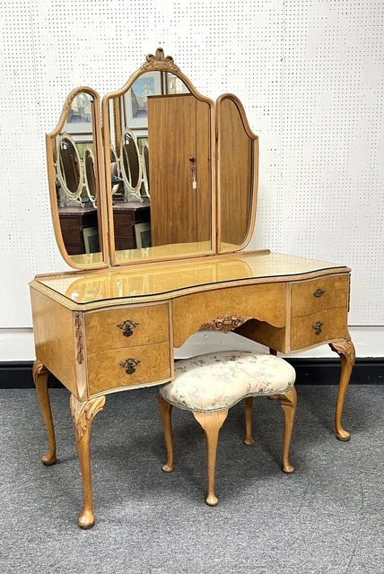 Stunning Rare Art Deco Blonde Burr Walnut Dressing Table & Stool * Triple Mirror