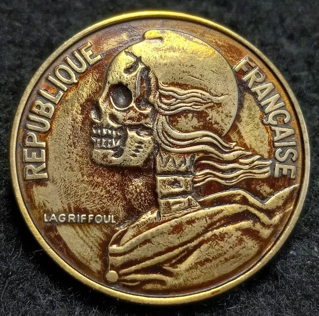 1968 France 20 Centimes Hobo Nickel Skull 💀 *Handcrafted Real Currency* #137