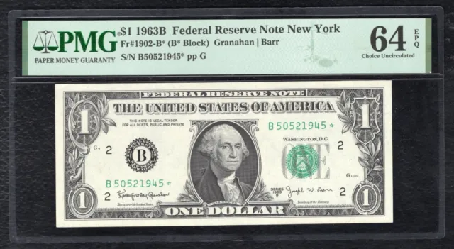 Fr. 1902-B* 1963-B $1 Frn Federal Reserve Note New York, Ny Pmg Unc-64Epq