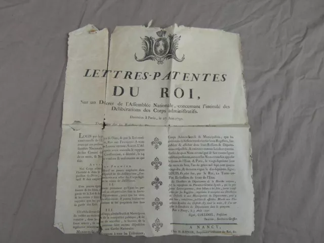 AFFICHE GOUVERNEMENT ANCIENNE Datée 3 Aout 1790 NANCY / LETTRES PATENTE DU ROI