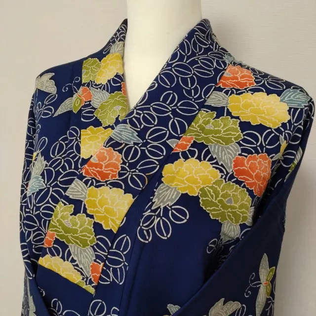 Woman Japanese Kimono Komon Silk Butterfly Peony Bush Clover Chirimen Navy Blue