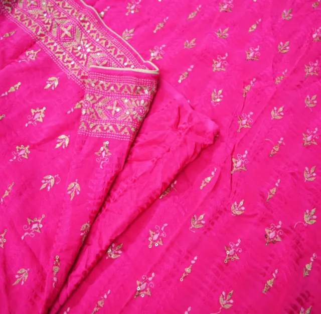 Vintage Heavy Pink Saree Pure Crepe Silk Hand Embroidered Indian Sari 5yd Ethnic
