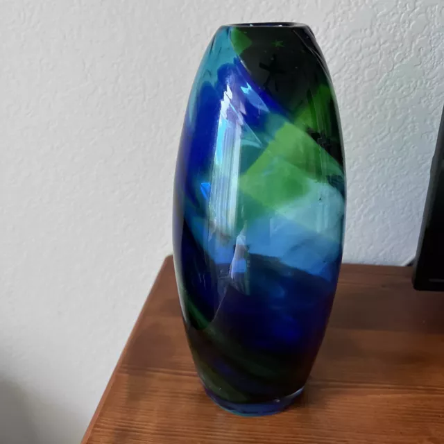 Stunning Contemporary Hand Blown Art Glass Blue Green Swirl Tall Vase