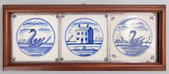 Antique 18th Century Dutch Delft Faience Swans Framed Set of 3 Tiles