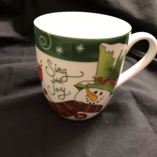 Fitz And Floyd Holly Hat Snowman Coffee Mug Frosty Christmas Holly Red Bird MINT