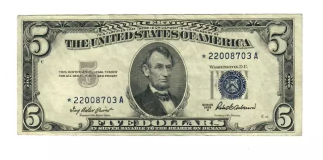 1953 A $5 Silver Certificate Star Note Fr#1656* VF+