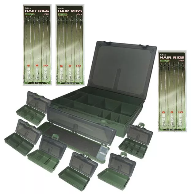 Großes 7+1 Karpfenangeln Tackle Box Aufbewahrungssystem + 18 x Hair Rigs + Rig Board