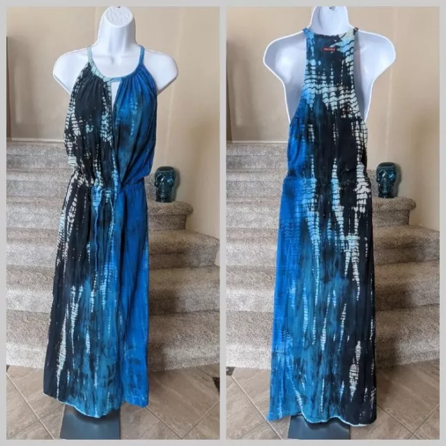 Hard Tail Keyhole Wrap Dress (L) Blue Navy Tie Dye Maxi Yoga Tall Racerback