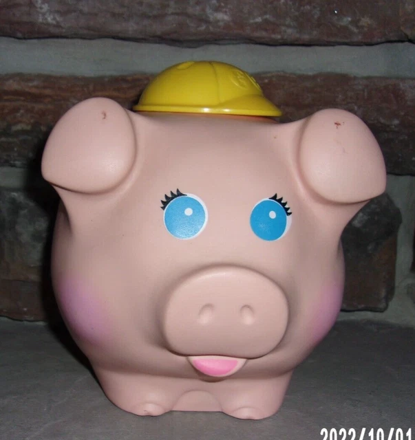 1980 Vintage Fisher Price Pink Piggy Bank Yellow Hard Hat, Quaker Oats #166