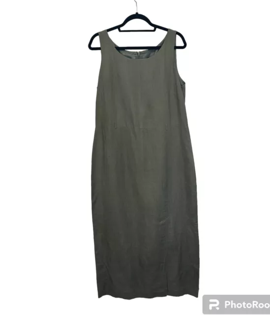 Laura Ashley Maxi Dress Womens 12 100% Linen Green Sleeveless Lagenlook Boxy