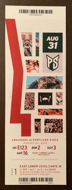 Arkansas Razorbacks 8/31/2019 NCAA football ticket stub vs Portland State
