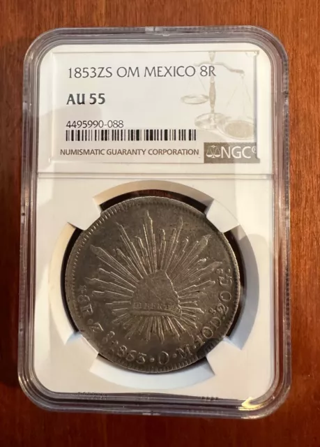 MEXICO ZACATECAS MINT  1853-ZsOM  8 REALES SILVER COIN, NGC CERTIFIED AU-55