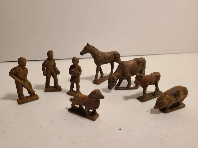 8 Antique / Vintage Cast Iron Small Metal Farm Animal & Farmer Figurines