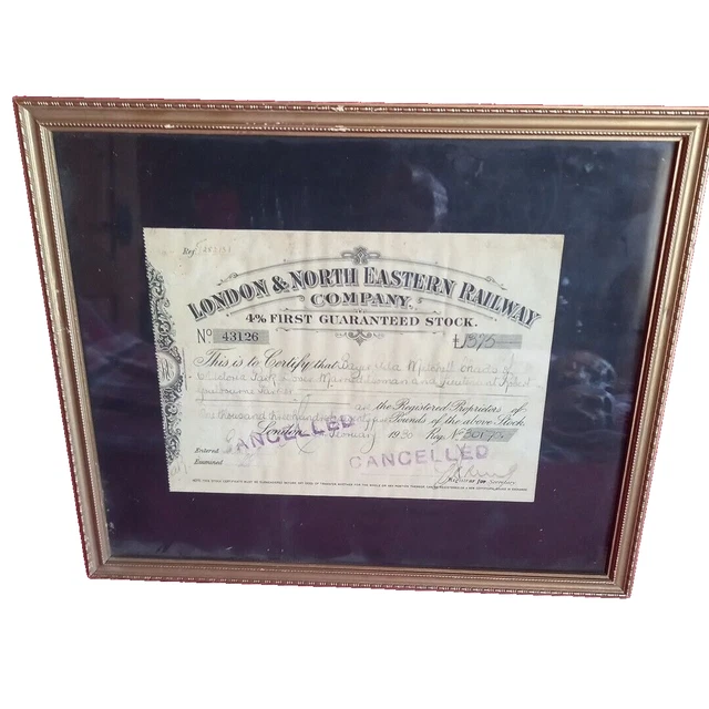 Rare, Framed Lner Company First Guaranted Stock Certificate