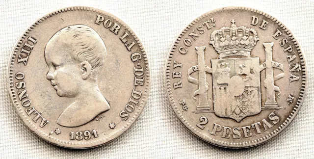 Spain-Alfonso XIII 2 Pesetas 1891. Madrid Pgm. MBC / VF Silver 10 (G) .Very Rare