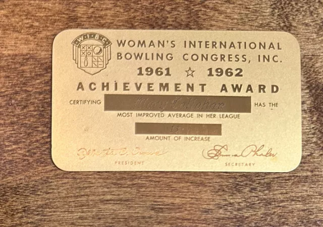 WIBC Woman's Bowling 1961 1962 Achievement Award