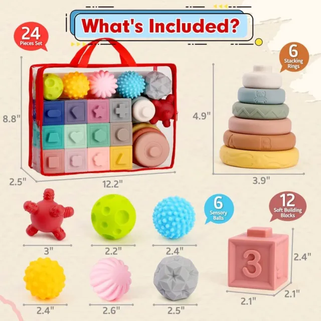 26pcs Montessori Toys for Babies,Soft Stacking Building Blocks Rings 3 IN 1 Set