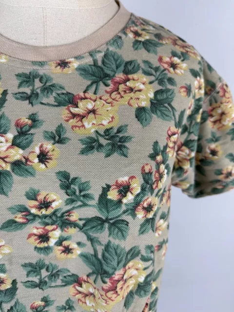 Vintage 90s Floral Print Pique Knit Tee S Beige Boxy Fit T-shirt Cotton Grunge 3