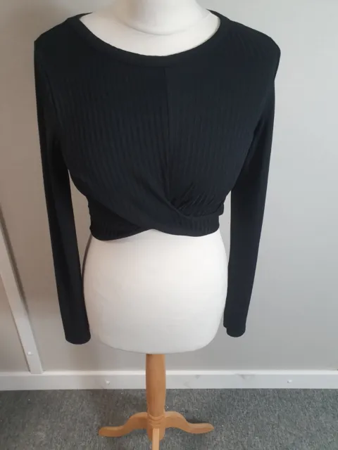 Bohoo Black Knot Front Long Sleeve Crop Top Womens Size 10 (Fy27)