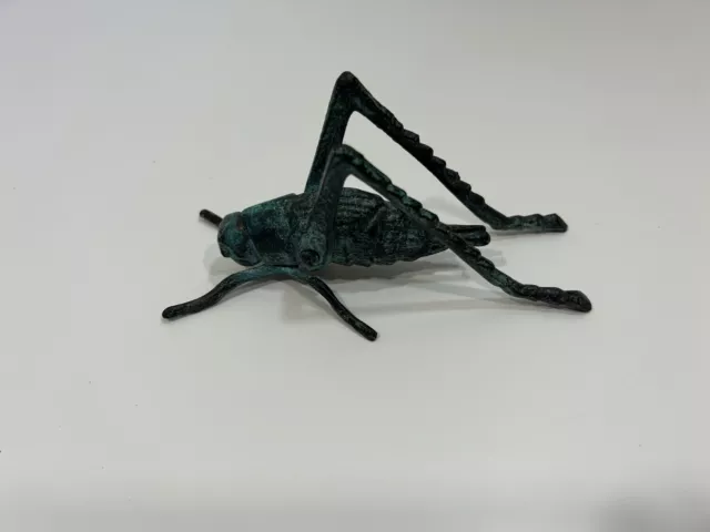 Vintage Bronze Grasshopper Green Black Cast Bug Heavy Good Condition