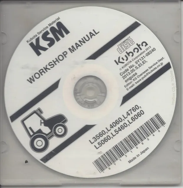 Kubota L3560 L4060 L4760 L5060 L5460 L6060 Tractor Workshop Manual CD 2013