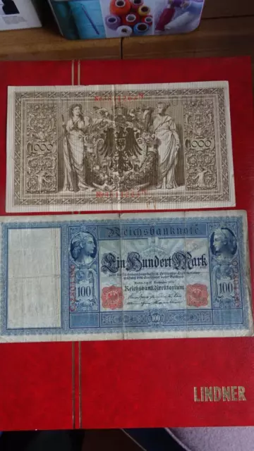 Deutsches Reich, Banknote 100 + 1000 Mark 1909, gute Erhaltg, s. Foto/Beschrbg