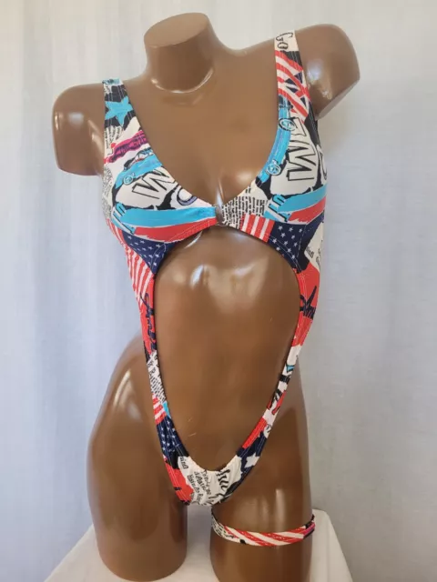 New sexy clip front one piece thong bodysuit  and garter set Red White and Blue