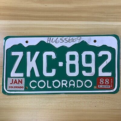Vintage 1988 Colorado License Plate January ZKC-892 Mountains Green White
