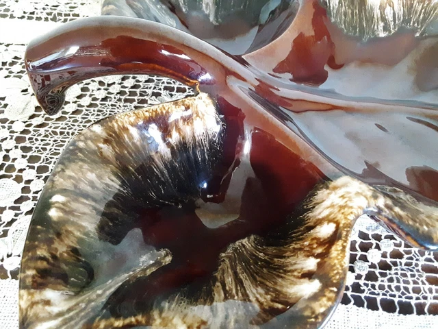 Large Mottled Shades Of Brown Ceramic Leaf Serving Dish /3 Sections- Marked HULL 3