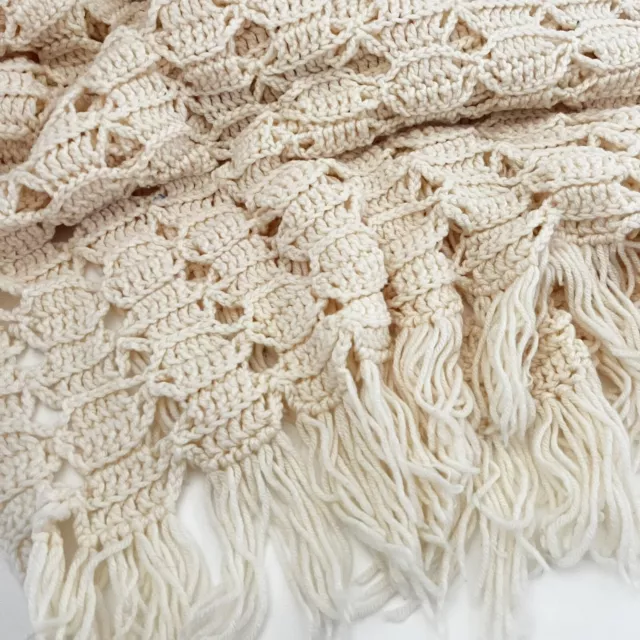 Vintage Handmade AFGHAN Crochet Knitted Throw Lap Blanket CREAM Off White Granny