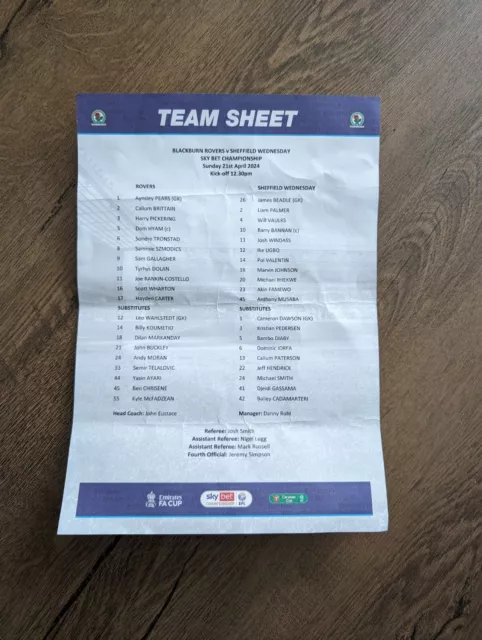 Blackburn Rovers V Sheffield Wednesday Team Sheet 21/04/2024 EFL Championship