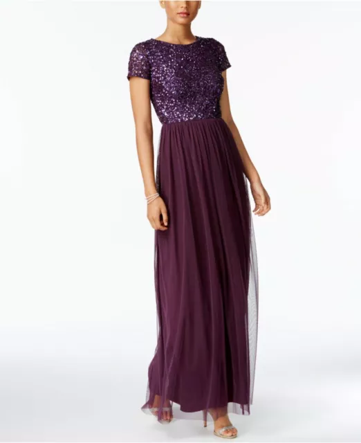 ADRIANNA PAPELL Purple Sequined Beaded Tulle Elegant Formal Dress UK8 US4 RP$199