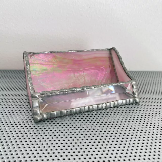 Beautiful Stained Glass Business Card Holder Pink Irridescent Glass Soldered 4"