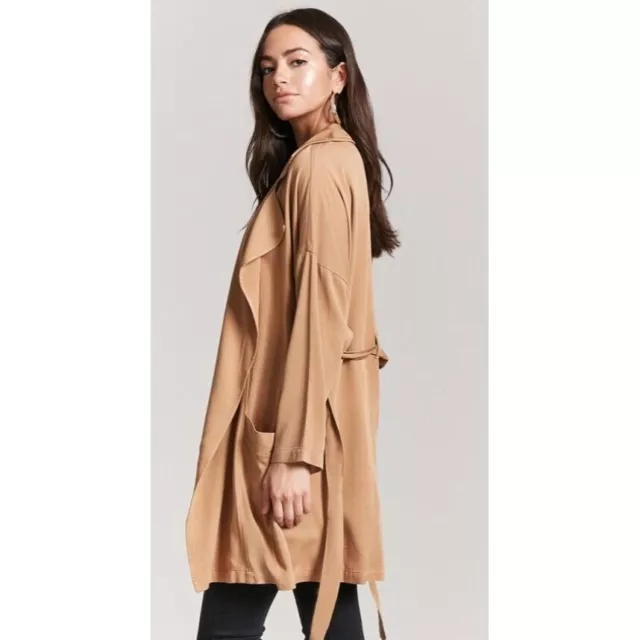 Forever 21 Women's Drape-Front Longline Jacket Coat Camel Size Large NWT 3